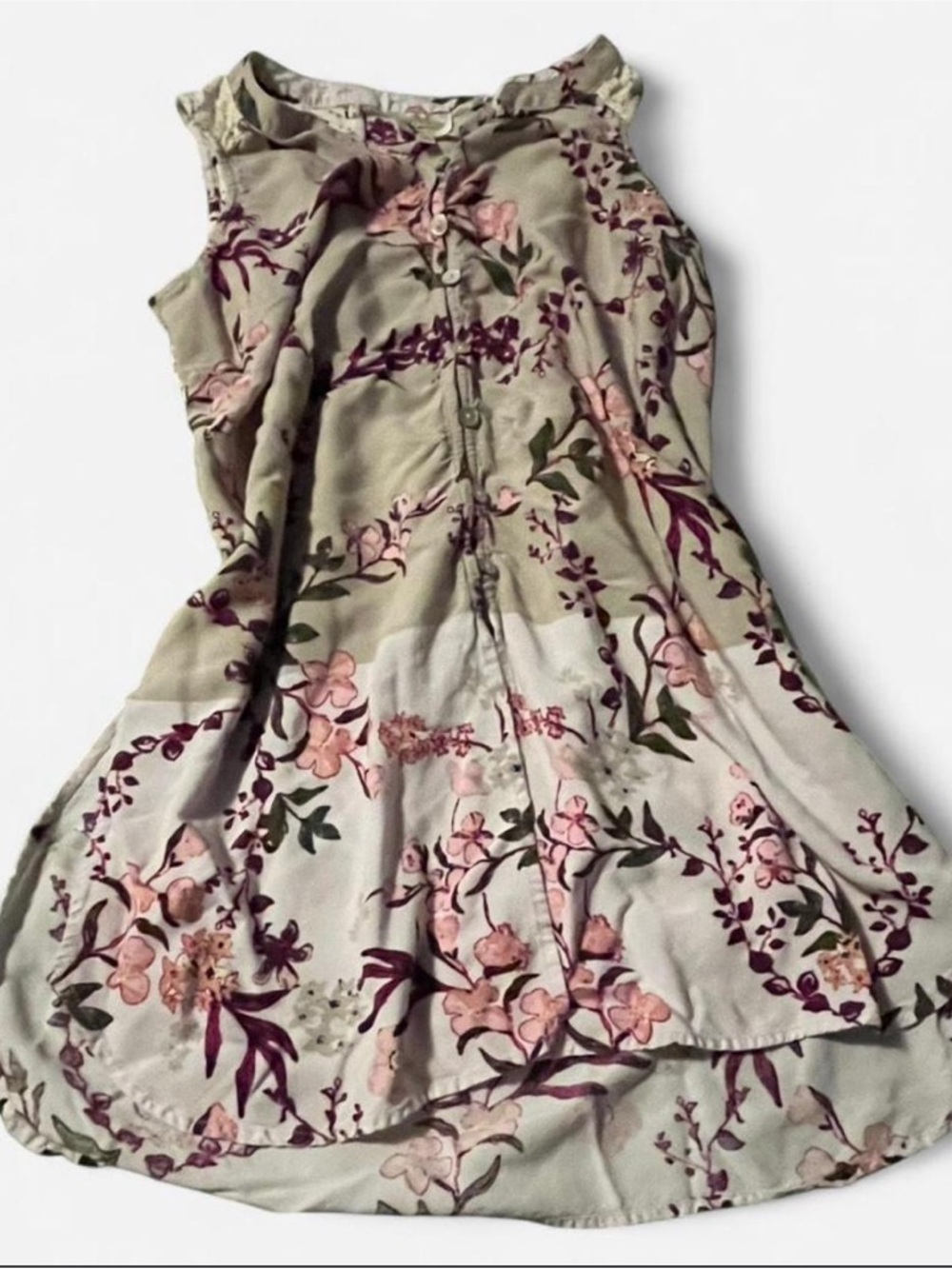 Fig & Flower Cream Gray Sleeveless Blouse w/Plum & Blush Floral Print, Sz Small